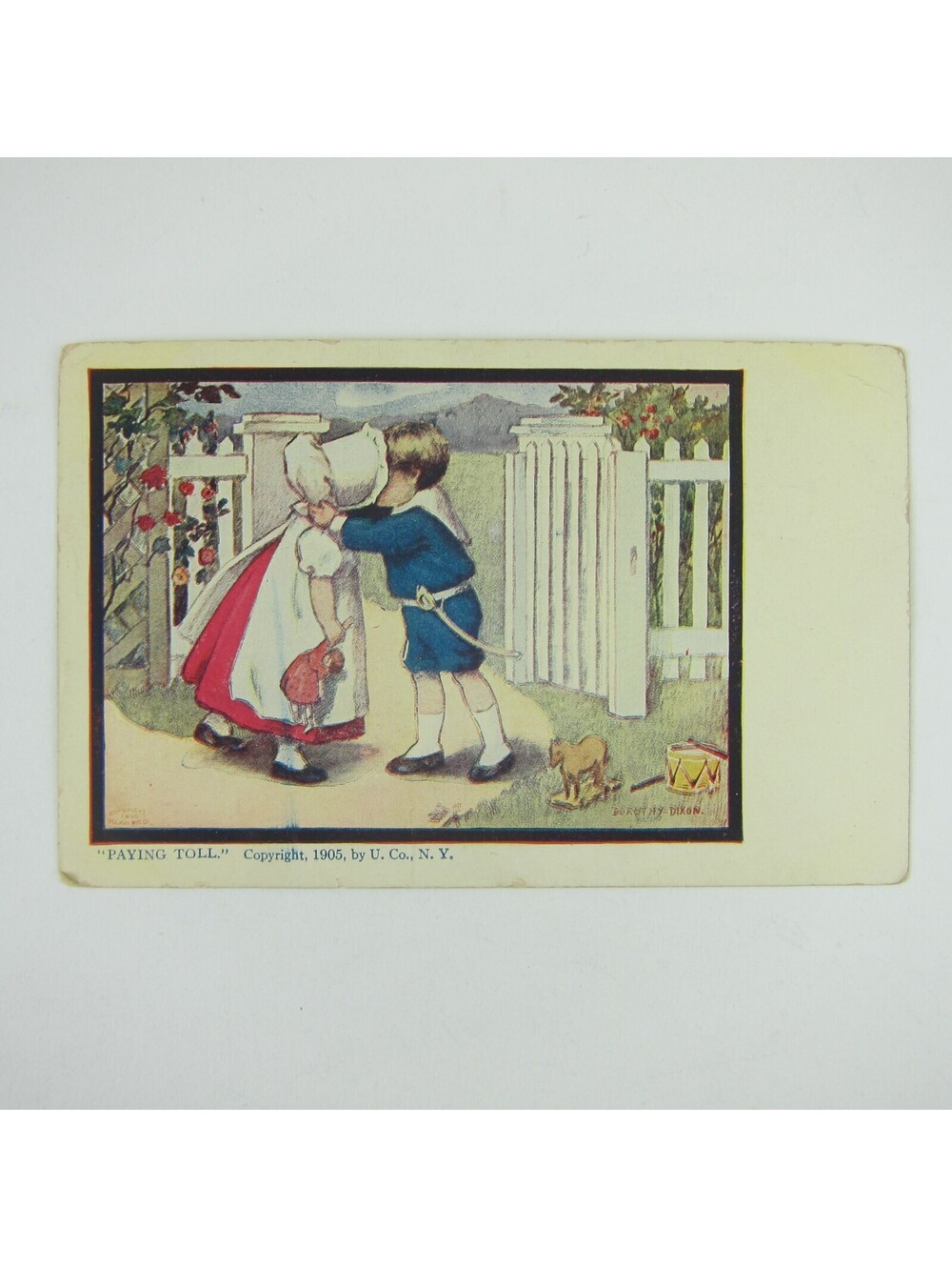 Postcard Sunbonnet Girl Kisses Boy Fence Paying Toll Dorothy Dixon Antique 1905
